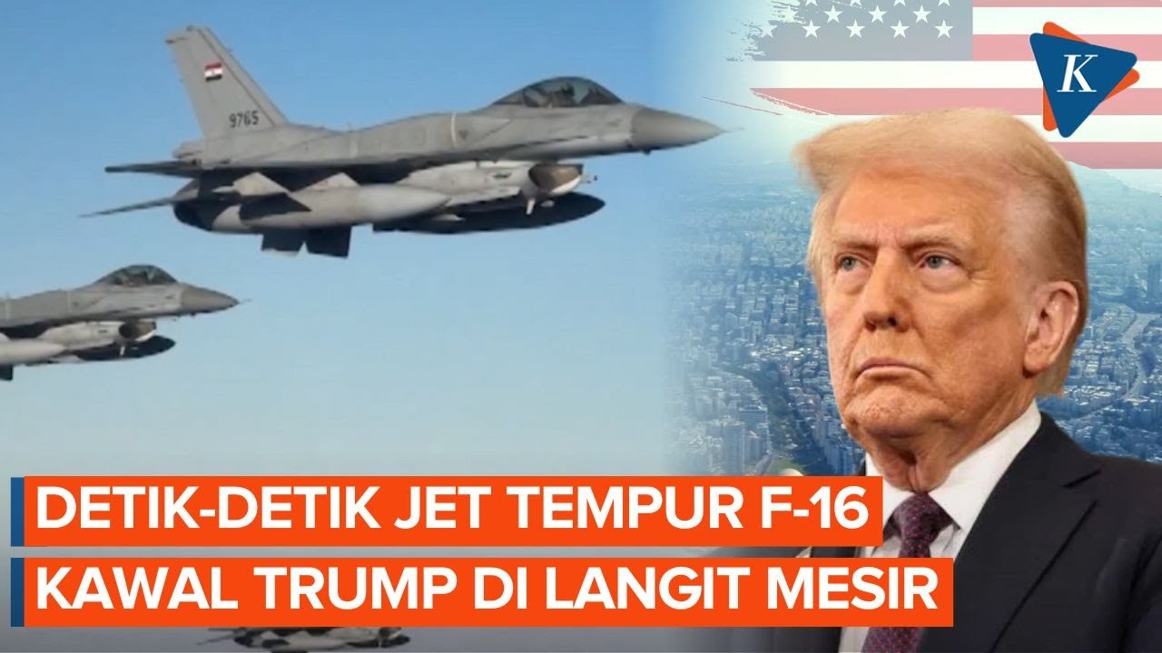 Youtube Thumnail image of : Momen Jet Tempur F-16 Mesir Kawal Trump di Air Force One, Menuju KTT Gaza